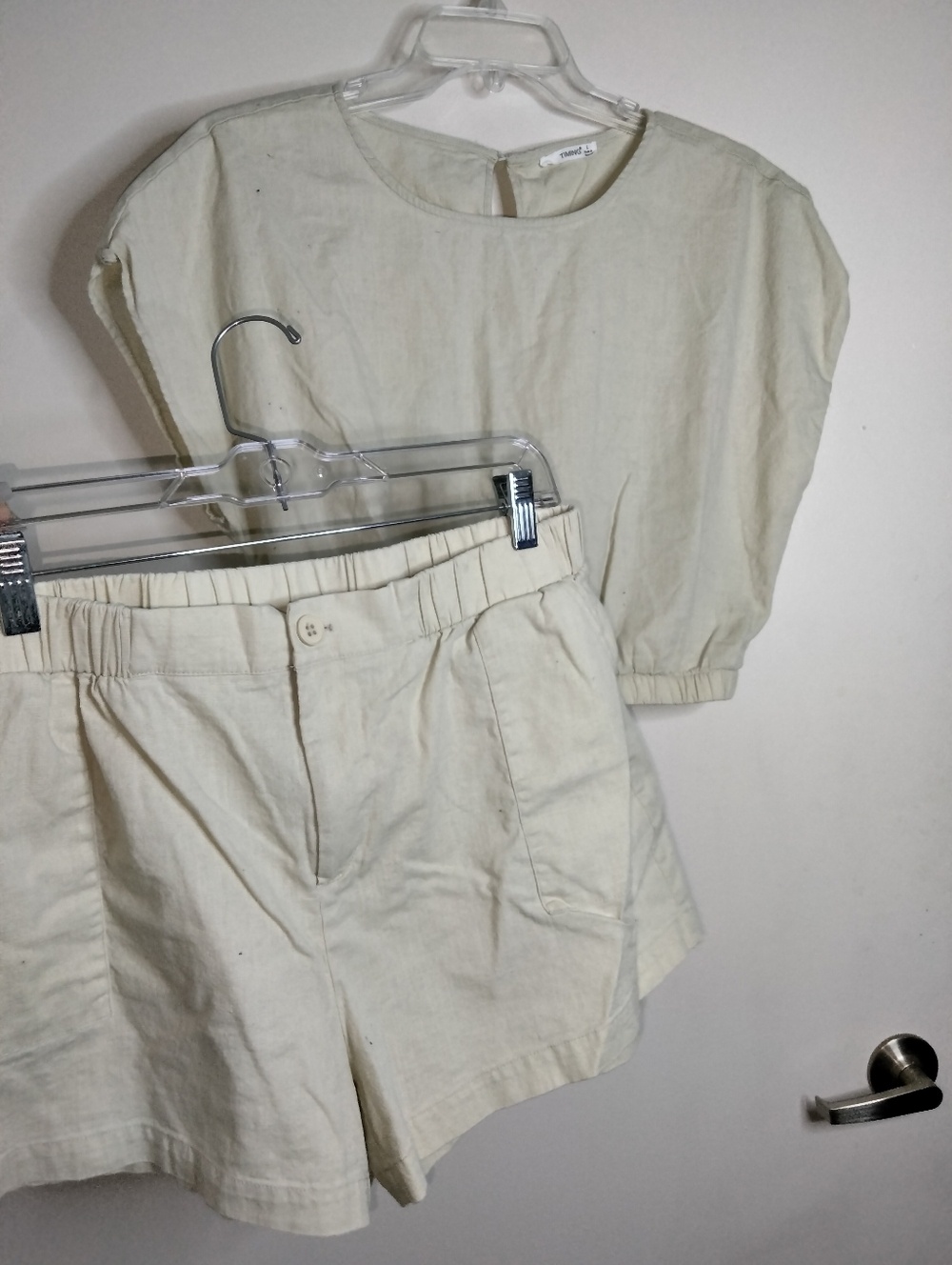 Timing (Size L) Cream Stretch Blend Elastic-Waist Top Button Zip (2PC) Short Set